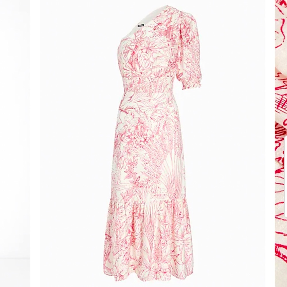 Express Printed One Shoulder Puff Sleeve Ruffle Hem Midi Dress